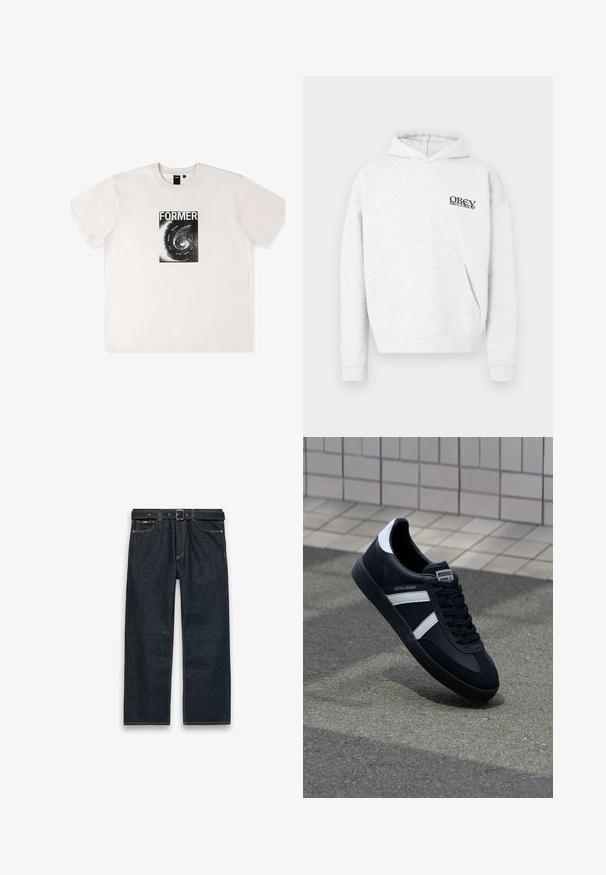 Lichtgrijze hoodie van zachte stof met een voorvak. Voorzien van een zwart "OBEY RECORDS" logo op de borst. Lange mouwen en capuchon met trekkoord.; Wit katoenen t-shirt met korte mouwen, voorzien van een zwart grafisch ontwerp met het woord "FORMER" en een spiraalpatroon aan de voorkant.; Donkerblauwe denim spijkerbroek met rechte pijpen, riemlussen en een zwarte riem, met voorzakken en zichtbare stiksels op een witte achtergrond.; Zwarte leren sneaker met witte strepen, een gestructureerde rubberen zool en vetersluiting aan de voorkant. Voorzien van een merklabel op de tong.