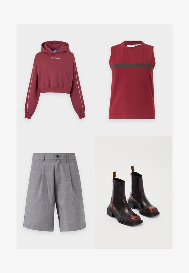 Gekürzter kastanienbrauner Hoodie mit vorderer Kängurutasche, weißer Paspelierung entlang der Ärmel und kleinem weißem „Nike Sportswear“-Logo auf der Brust.; Ärmelloses weinrotes Sport-Top mit zwei horizontalen schwarzen Streifen über der Brust und kleinem schwarzem Logo auf der linken Seite.; Graue maßgeschneiderte Shorts mit dezentem Karomuster, vorderen Falten, Gürtelschlaufen, seitlichen Taschen und einem einzelnen schwarzen Knopfverschluss.; Dr. Martens MAYBOLE CHELSEA - Plateaustiefelette - black/cherry red