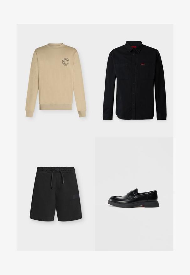 Beige langærmet crewneck sweatshirt med ribbede manchetter og kant, med et lille rundt "Hugo Jeans" logo på venstre bryst.; Sort langærmet skjorte med knapper og to brystlommer, hvoraf den ene lomme har lille rød "HUGO" logo tekst.; Sorte elastiske shorts med snøre i taljen og diskret lapdetalje på højre ben på hvid baggrund.; Sorte læder loafers med en glat finish, der har en hævet frontpanel og en kontrasterende rød detalje på sålen. Flad gummisål.
