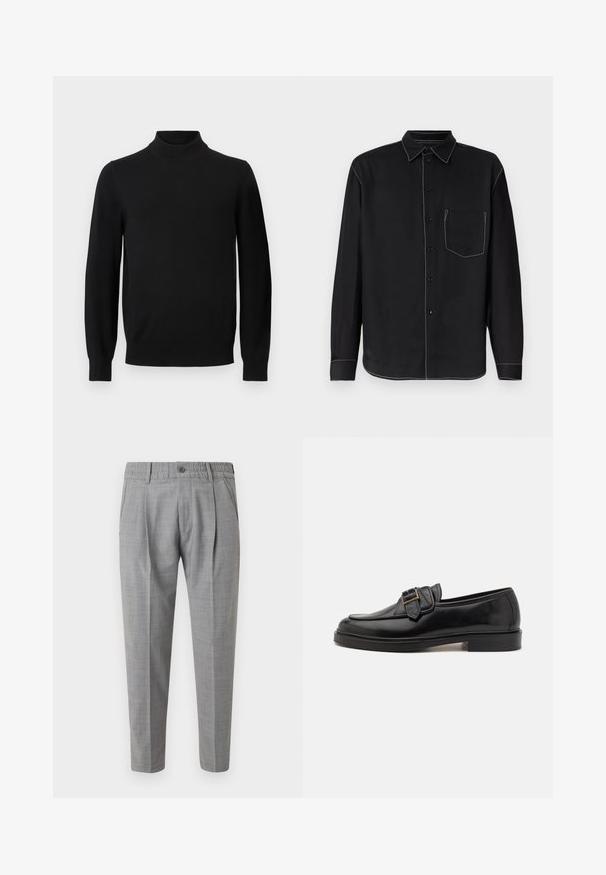 Pull noir à manches longues avec un col montant côtelé et des poignets côtelés, présenté sur un fond gris uni.; Chemise noire à manches longues avec boutons, coutures contrastantes blanches et une poche poitrine unique sur un fond uni.; Pantalon gris clair sur mesure avec ceinture élastique, fermeture par bouton, poches latérales et plis sur le devant, présenté sur un fond uni.; Mocassins en cuir noir avec un bout arrondi et une boucle décorative. Talon plat, solide et texture lisse sur l'ensemble.