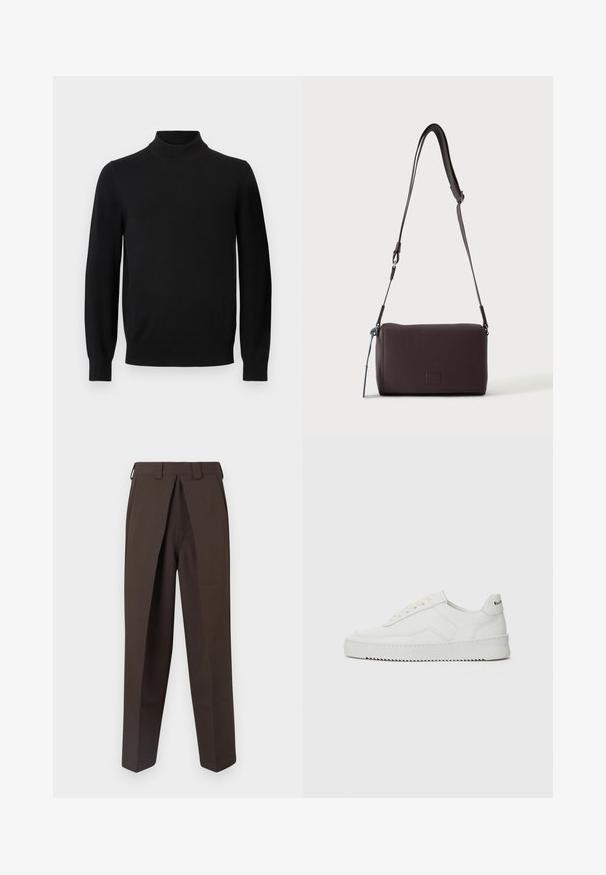 Suéter negro de manga larga con cuello alto tipo mock neck acanalado y puños acanalados, exhibido sobre un fondo gris liso.; BLUEMARBLE WORK PANT - Pantalones - brown; Zapatilla de cuero blanca con un acabado suave, puntera redonda, cordones planos y suela texturizada. Cuenta con un sutil logo en el talón.; Bolso bandolera de cuero marrón oscuro con textura, correa ajustable y pequeño adorno decorativo azul en el lateral.