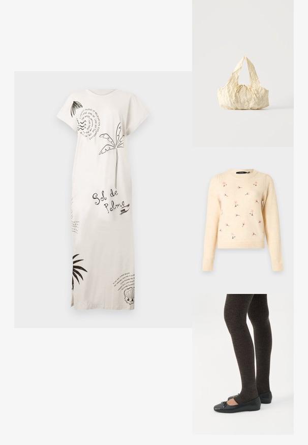 Suéter color crema con escote redondo, mangas largas y bordado floral en rosa. Textura suave con puños y dobladillo acanalados.; Largo vestido blanco con estampados de palmeras negras, conchas y texto que incluye "Sol de Palma," con mangas cortas y aberturas laterales.; Piernas con leggings oscuros acanalados combinados con bailarinas negras que presentan pequeños detalles de lazo sobre un fondo blanco.; Bolso de tela texturizada color crema con asas superiores y un pequeño detalle de lazo atado en el centro del frente.