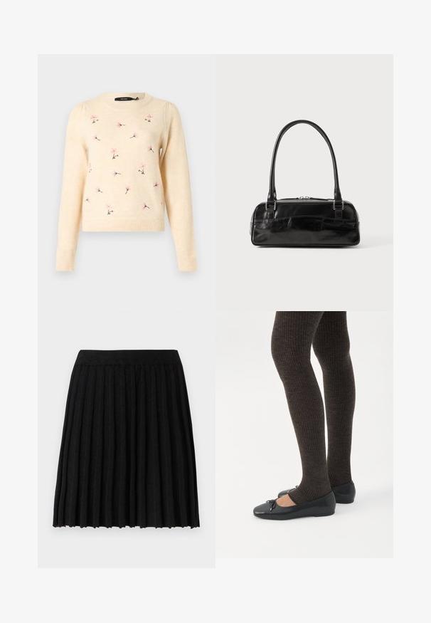 Crèmekleurige trui met een ronde hals, lange mouwen en roze bloemenborduurwerk. Zachte textuur met geribbelde boorden en zoom.; Vero Moda Knitted VMMARINA Short - Minirok - black; Benen met donkere geribbelde leggings gecombineerd met zwarte ballerina's met kleine strikdetails op een witte achtergrond.; Zwarte leren handtas met een rechthoekige vorm, voorzien van een enkele gestructureerde handgreep, zilveren hardware en ritsluiting. Gladde textuur.