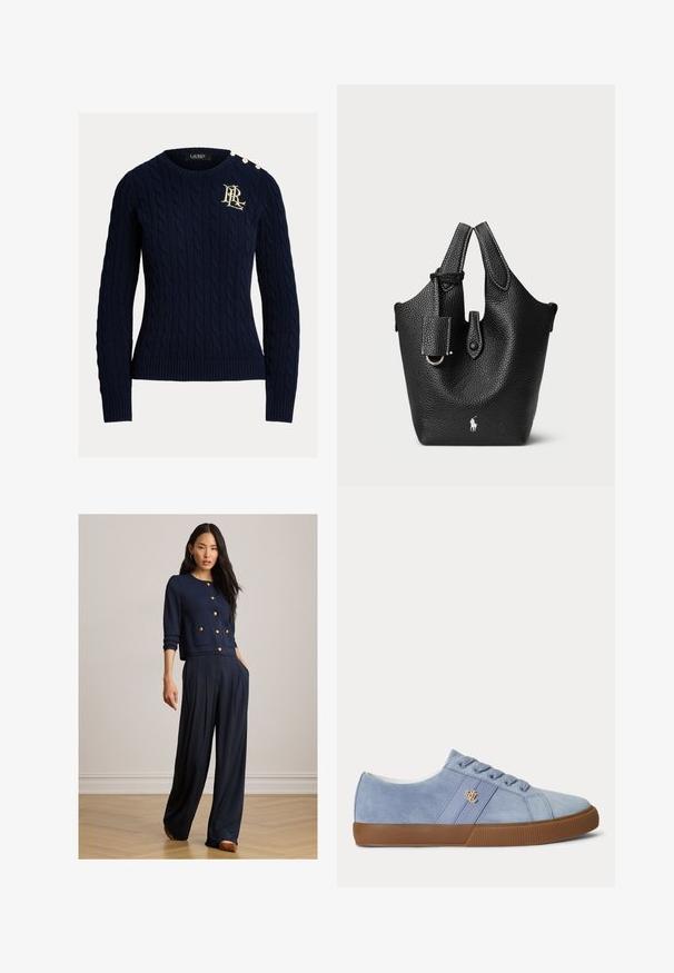 Marineblå kabelstrikket sweater med ribbede kanter og manchetter, med guldknap detaljer på skulderen og en guld logo brodering på brystet.; Kvinde iført navyblå knappet cardigan med guldknapper og vide bukser, stående på trægulv mod en ensfarvet væg.; Lyseblå ruskind lavt sneakers med brun gummisål og lille gyldent logo på sidelisten, vist i højre side.; Sort læder bucket taske med struktureret overflade, der har korte håndtag, en aftagelig rem og en sølvfarvet logo accent ved bunden.