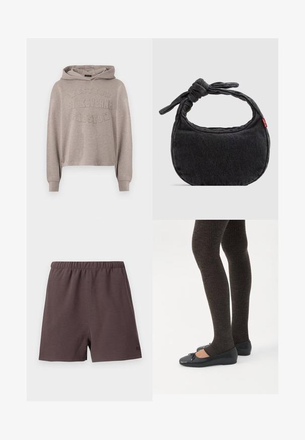 Sweat à capuche beige à manches longues avec texte en relief indiquant "Western St Keverne Padstow" sur le devant.; Shorts marron foncé en tissu texturé et tissé. Dispose d'une taille élastique et d'un petit logo en accent sur le bas à droite.; Jambes portant des leggings côtelés foncés associés à des ballerines noires avec de petits détails en nœud sur fond blanc.; Petit sac d'épaule en denim noir avec une sangle nouée et une fermeture éclair, arborant une étiquette en tissu rouge Levi's sur le côté.