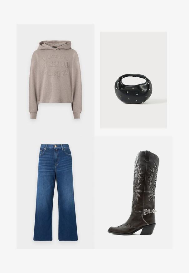 Sweat à capuche beige à manches longues avec texte en relief indiquant "Western St Keverne Padstow" sur le devant.; Jean en denim bleu à jambes larges avec taille haute, fermeture avant par bouton et zip, et poches avant et arrière.; Botte de cowboy en cuir noir avec découpes décoratives, boucle argentée et talon incliné, présentée sur fond blanc.; Sac à main en cuir noir de forme arrondie, décoré de clous argentés et équipé d'une poignée courte. Texture lisse et fermeture éclair.