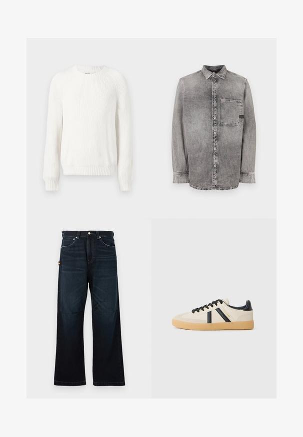 Suéter blanco con canalé, cuello redondo, hombros caídos y mangas largas. Presenta una tela texturizada y un bajo recto.; Camisa de mezclilla gris, de botones, de manga larga, con tejido de peso medio, un bolsillo en el pecho, acabado desgastado con botones en contraste, cuello clásico.; Vaqueros rectos de color azul oscuro con diseño clásico de cinco bolsillos, trabillas para el cinturón y sutiles detalles desgastados en la parte frontal y las rodillas.; Zapatillas casuales en crema con rayas negras, con parte superior texturizada y suela de goma. Los cordones son negros. Logo sutil en el costado.