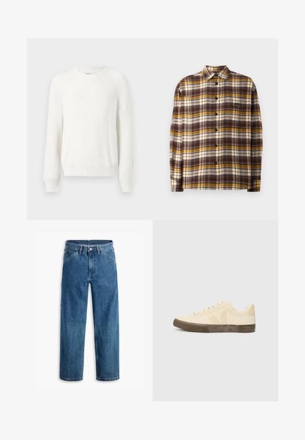 Hvid ribbet sweater med rund halsudskæring, sænkede skuldre og lange ærmer. Har struktureret stof og en lige kant.; Brun, gul og hvid ternet skjorte med knapper, lavet af stof; har krave, lange ærmer, og frontknapper. Lille logo mærke på brystet.; Blå denim jeans med lige ben, forlommer, bæltestropper, metal knap og lynlås foran på hvid baggrund.; Beige lærredssko med rund tå, flade snørebånd og struktureret brun gummisål. Har et logo på siden og et minimalistisk design.