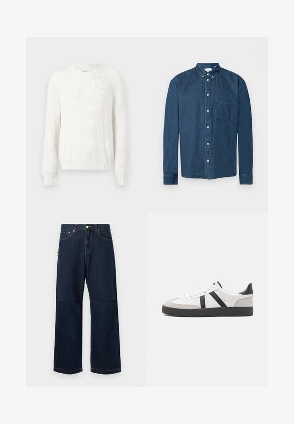Weißer gerippter Pullover mit rundem Halsausschnitt, überschnittenen Schultern und langen Ä sleeves. Verfügt über strukturierten Stoff und einen geraden Saum.; Knopfbares dunkelblaues Denim-Hemd mit langen Ärmeln, einer Brusttasche links und einem Button-Down-Kragen, dargestellt vor weißem Hintergrund.; Dunkelblaue Denim-Jeans mit geraden Beinen, die ein klassisches Fünf-Taschen-Design, kontrastierende Nähte und ein kleines farbiges Etikett an der Seite aufweisen.; Weiße Sneaker mit schwarz- und grau-aczenten, ausgestattet mit einer strukturierten grauen Zehenkappe, schwarzer Gummi-Sohle und flachen weißen Schnürsenkeln. Sauberes Design, minimalistische Stil.