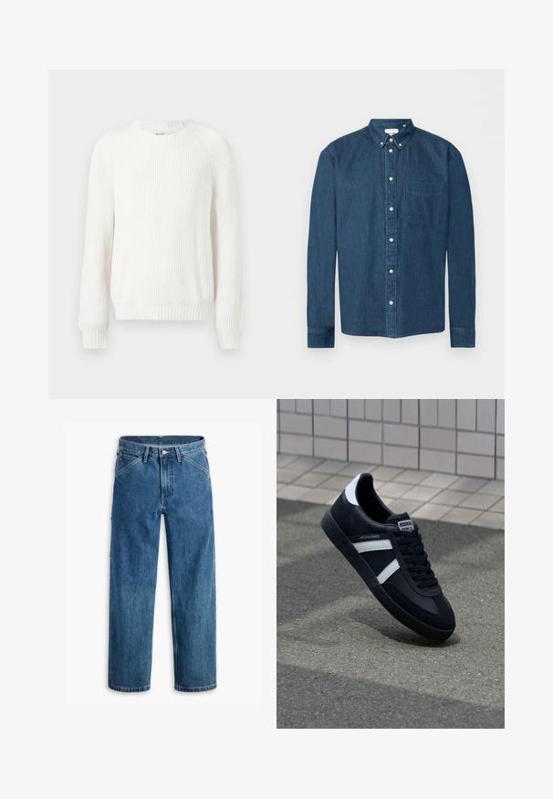Weißer gerippter Pullover mit rundem Halsausschnitt, überschnittenen Schultern und langen Ä sleeves. Verfügt über strukturierten Stoff und einen geraden Saum.; Knopfbares dunkelblaues Denim-Hemd mit langen Ärmeln, einer Brusttasche links und einem Button-Down-Kragen, dargestellt vor weißem Hintergrund.; Blaue Jeans mit geradem Bein, Vordertaschen, Gürtelschlaufen, Metallknopf und Reißverschluss auf weißem Hintergrund.; Schwarze Leder-Sneaker mit weißen Streifen, strukturiertem Gummisohle und Schnürung. Verfügt über ein Markenetikett auf der Zunge.