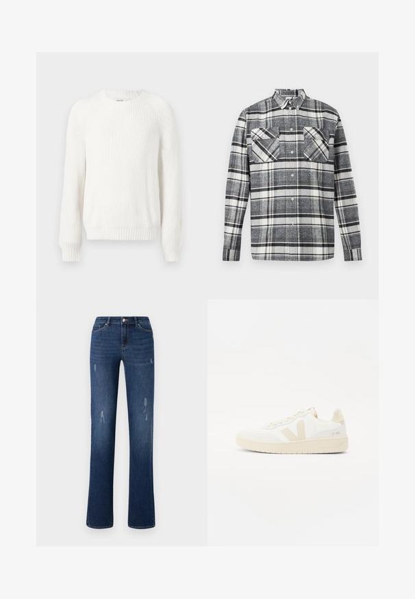 Hvid ribbet sweater med rund halsudskæring, sænkede skuldre og lange ærmer. Har struktureret stof og en lige kant.; Sort, hvid og grå ternet langærmet skjorte med knapper, to brystlommer foran og en standard krave.; ONLY ONLWAUW MID WAIST - Jeans Slim Fit - dark blue denim; Hvide sneakers med beige accenter, der har en tekstureret overdel, rund tå og en tykk gummisål. Designet inkluderer det ikoniske V-logo og branding.