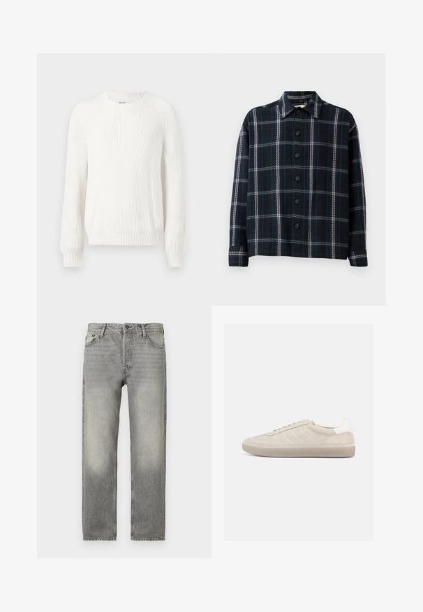 Hvid ribbet sweater med rund halsudskæring, sænkede skuldre og lange ærmer. Har struktureret stof og en lige kant.; Sort og mørkeblå ternet langærmet skjorte med hvide striber, knaplukning foran og spids krave.; Grå denim jeans med en afslappet pasform, der har en lysvasket finish, fem lommers design, knaplukning og lige ben.; Beige ruskindssneaker med en tekstureret overdel, glat hvid hælkappe, tynde snørebånd og en gummi-ydersål. Har et lavt profil design.