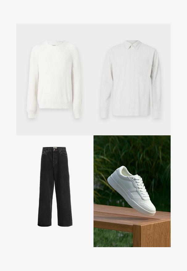 Witte geribbelde trui met een ronde halslijn, verlaagde schouders en lange mouwen. Bevat een textuurstof en heeft een rechte zoom.; Lange mouw knoopsluiting shirt in lichtgrijs met een gestructureerd ruitpatroon, een borstzak en een klassieke kraag. Gemaakt van geweven stof.; Zwarte wijde jeans gemaakt van denim stof. Heeft een hoge taille, twee voorklepjes, een knoopsluiting en subtiele stikseldetails.; Witte leren sneaker met een gladde textuur, voorzien van een geperforeerd ontwerp, klassieke vetersluiting en rubberen zool, gepositioneerd boven een houten oppervlak.