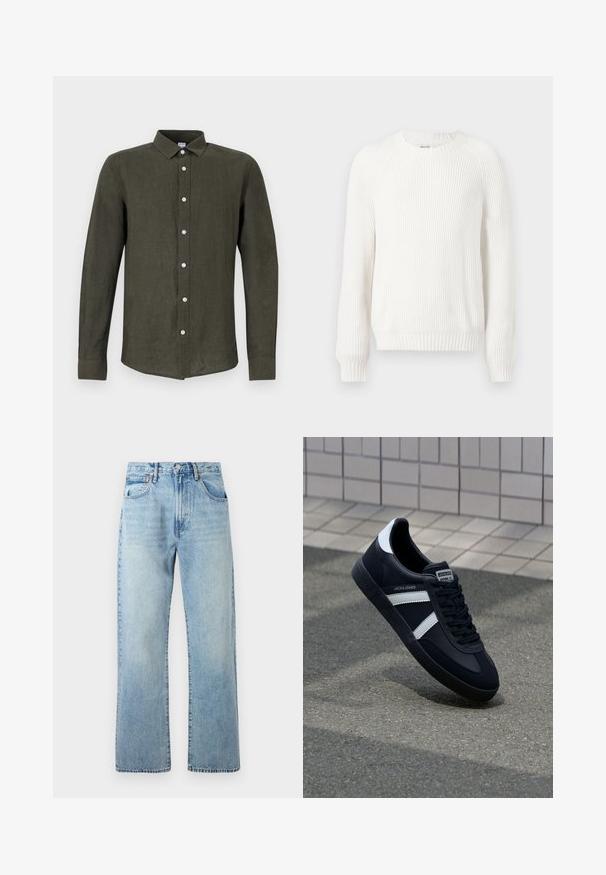 Hvid ribbet sweater med rund halsudskæring, sænkede skuldre og lange ærmer. Har struktureret stof og en lige kant.; Mørkegrøn langærmet skjorte lavet af hør. Har en knaplukning foran med lyse knapper og en krave for et struktureret udseende.; Lysblå denimjeans med brede lige ben, fem lomme-design og bæltestropper i taljen. Stoffet har en let falmet tekstur.; Sort lædersneaker med hvide striber, tekstureret gummisål og snørrebånd foran. Har et brandet mærke på tungen.