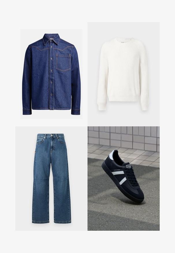 Suéter blanco con canalé, cuello redondo, hombros caídos y mangas largas. Presenta una tela texturizada y un bajo recto.; Camisa de mezclilla azul oscuro de manga larga con cuello punta, botones en el frente, bolsillo en el pecho y costuras en contraste de color naranja.; Vaqueros de mezclilla azul con un ajuste relajado, piernas rectas, costura visible y un cierre de botón en la parte delantera. Presenta un bolsillo lateral con un acento.; Zapatilla de cuero negra con rayas blancas, suela de goma texturizada y parte frontal con cordones. Cuenta con una etiqueta de marca en la lengüeta.