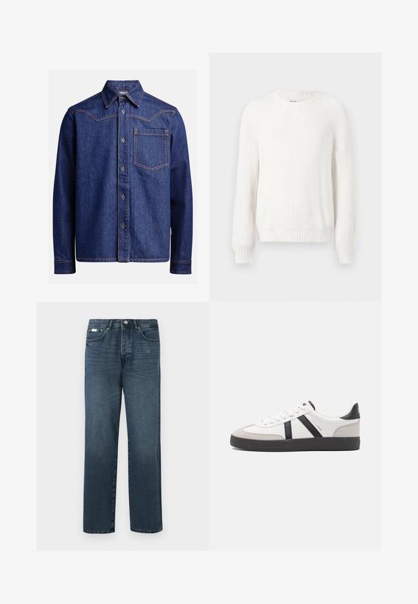 Witte geribbelde trui met een ronde halslijn, verlaagde schouders en lange mouwen. Bevat een textuurstof en heeft een rechte zoom.; Donkerblauwe denim overhemd met lange mouwen, puntige kraag, knoopsluiting, borstzak en contrasterende oranje stiksel.; Donkerblauwe denim jeans met een rechte pasvorm, vijf zakken, riemlussen en een ritsgulp. Glad textuur met subtiele vervagingdetails.; Witte sneaker met zwarte en grijze accenten, voorzien van een grijze neus met textuur, zwarte rubberen zool en platte witte veters. Schoon ontwerp, minimalistische stijl.