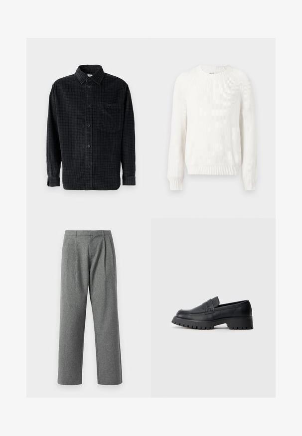 Pull en maille blanche avec un col rond, des épaules tombantes et des manches longues. Caractérisé par un tissu texturé et un ourlet droit.; Chemise à manches longues à carreaux noirs en tissu doux, avec un devant à boutons, un col et une poche poitrine.; Pantalons gris à jambes droites en tissu texturé, avec des plis à l'avant et une taille basique, sans poches visibles.; Mocassins en cuir noir avec un bout arrondi, présentant une sangle décorative et une semelle en caoutchouc épaisse avec de profonds crampons pour une meilleure adhérence.