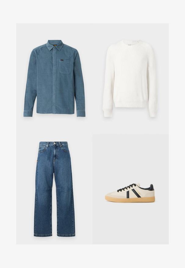 Suéter blanco con canalé, cuello redondo, hombros caídos y mangas largas. Presenta una tela texturizada y un bajo recto.; Camisa de manga larga de pana azul, con cuello tipo botonera, bolsillo frontal y un sutil branding en el bolsillo.; Vaqueros de mezclilla azul con un ajuste relajado, piernas rectas, costura visible y un cierre de botón en la parte delantera. Presenta un bolsillo lateral con un acento.; Zapatillas casuales en crema con rayas negras, con parte superior texturizada y suela de goma. Los cordones son negros. Logo sutil en el costado.