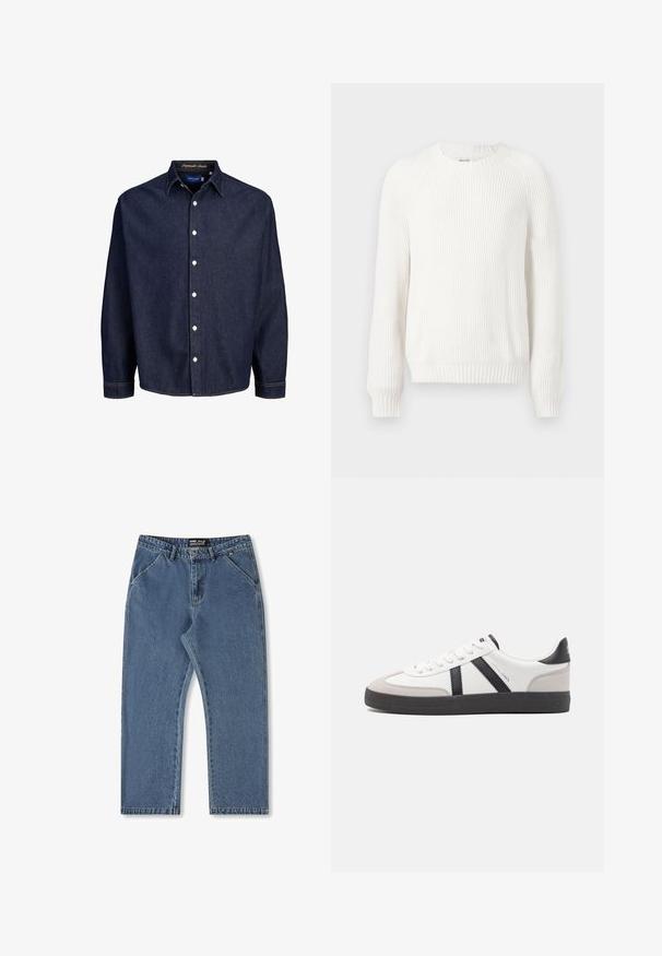 Suéter blanco con canalé, cuello redondo, hombros caídos y mangas largas. Presenta una tela texturizada y un bajo recto.; Camisa de mezclilla azul oscuro con frente abotonado, mangas largas y cuello clásico, que presenta botones blancos y costuras en contraste.; Jeans de mezclilla azul con un diseño de pierna recta, cintura de altura media y estilo clásico de cinco bolsillos. Presenta un ligero desgaste y detalles de costura.; Zapatilla blanca con acentos en negro y gris, que presenta una puntera texturizada en gris, suela de goma negra y cordones planos blancos. Diseño limpio, estilo minimalista.