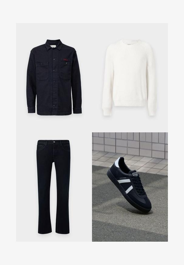Suéter blanco con canalé, cuello redondo, hombros caídos y mangas largas. Presenta una tela texturizada y un bajo recto.; Camisa de mezclilla azul oscuro con mangas largas, cierre frontal de botones, dos bolsillos en el pecho y un pequeño logo rojo "REPLAY" en el bolsillo izquierdo.; Vaqueros de mezclilla negros con un ligero acampanado, diseño de cinco bolsillos, presillas para cinturón y cierre de botón sobre un fondo blanco.; Zapatilla de cuero negra con rayas blancas, suela de goma texturizada y parte frontal con cordones. Cuenta con una etiqueta de marca en la lengüeta.