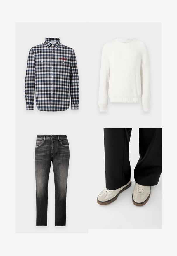 Hvid ribbet sweater med rund halsudskæring, sænkede skuldre og lange ærmer. Har struktureret stof og en lige kant.; Herre skjorte med knapper i marine- og hvidt ternet mønster, der har to brystlommer, en almindelig krave og røde broderidetaljer.; Sorte denimjeans med en falmet vask, fem lommer og lige ben. Har subtile slidte detaljer og kontraststikninger.; Fødder iført beige sneakers med brune såler og sorte bukser med vide ben på hvid baggrund.
