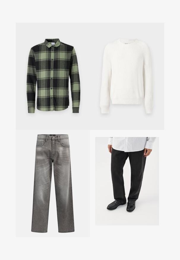 Witte geribbelde trui met een ronde halslijn, verlaagde schouders en lange mouwen. Bevat een textuurstof en heeft een rechte zoom.; Donkergroene en zwarte geruite button-up shirt met lange mouwen, met een klassieke kraag en blauwe knopen. Zachte, gestructureerde stof.; Grijze denim wijde broekspijpen spijkerbroek met een vervaagde afwerking, klassiek ontwerp met vijf zakken en een metalen knoopsluiting. Gestructureerde stof met subtiele slijtage-details.; Zwarte denim broek gecombineerd met glanzende zwarte instappers. Het shirt is wit met dunne verticale strepen, heeft lange mouwen en een geknoopte kraag.