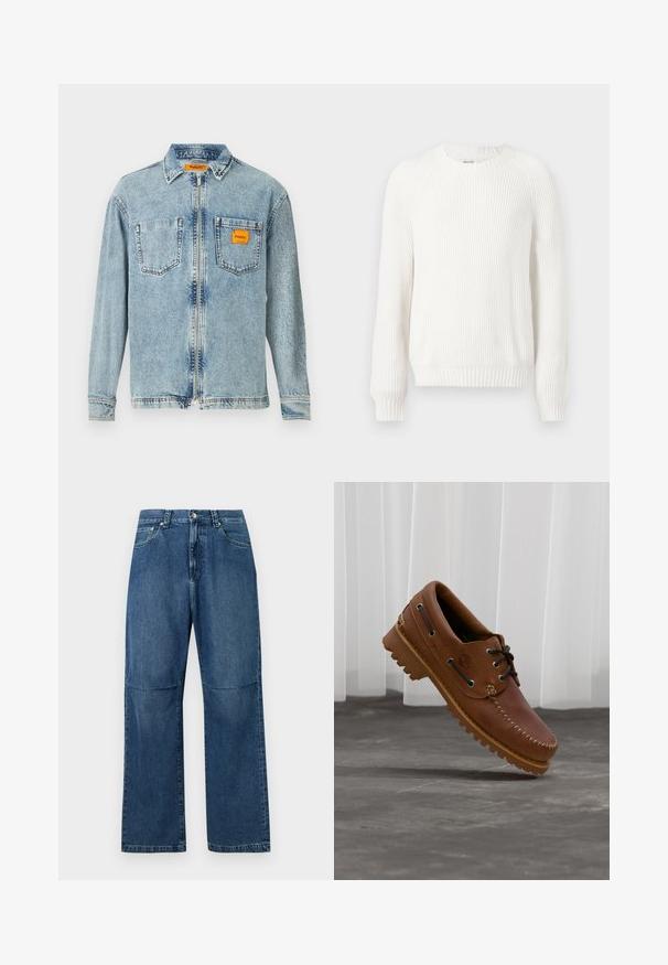Witte geribbelde trui met een ronde halslijn, verlaagde schouders en lange mouwen. Bevat een textuurstof en heeft een rechte zoom.; Lichtblauwe denim jas met een volledige rits aan de voorkant, twee borstzakken en een klein oranje Replay Inc. label op de rechterzak en de kraag.; Blauwe straight-leg denim jeans met hoge taille, knoop- en ritsluiting aan de voorkant en zakken voor en achter.; Bruine leren bootschoen met zwarte veters, beige stiksel en een robuuste zool, zwevend boven een grijze betonnen vloer.