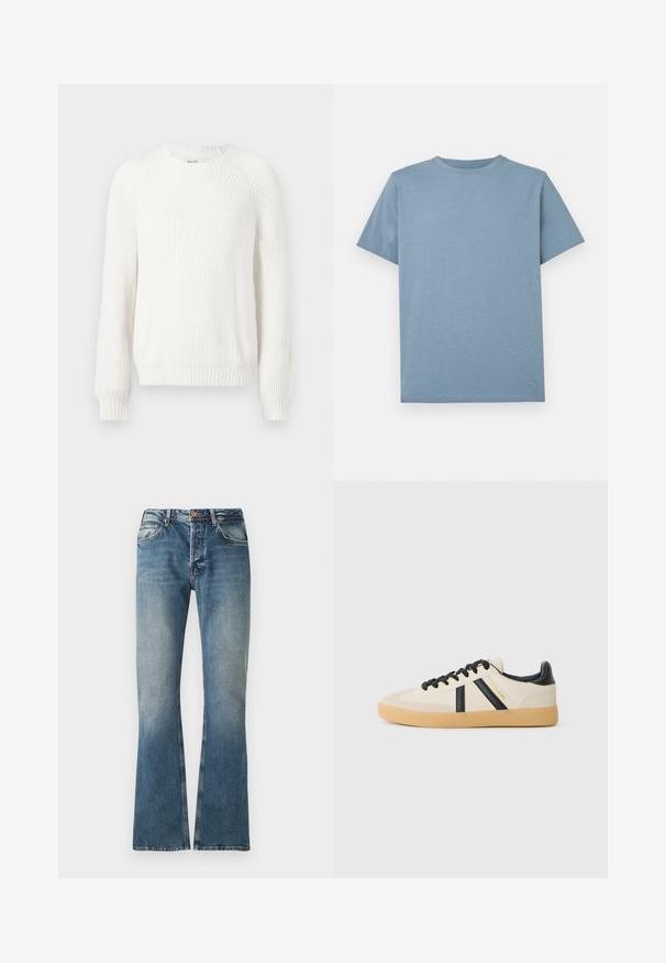 Weißer gerippter Pullover mit rundem Halsausschnitt, überschnittenen Schultern und langen Ä sleeves. Verfügt über strukturierten Stoff und einen geraden Saum.; Hellblaues T-Shirt mit kurzen Ärmeln und Rundhalsausschnitt, einfarbig, flach auf weißem Hintergrund präsentiert.; Blaue Jeans aus Denim mit einem verwaschenen Effekt, geradem Bein Schnitt, Knopf- und Reißverschluss und fünf Taschen Design.; Legere Sneaker in Creme mit schwarzen Streifen, mit einer strukturierten Oberseite und einer Sohle aus Gummi. Die Schnürsenkel sind schwarz. Diskretes Logo an der Seite.