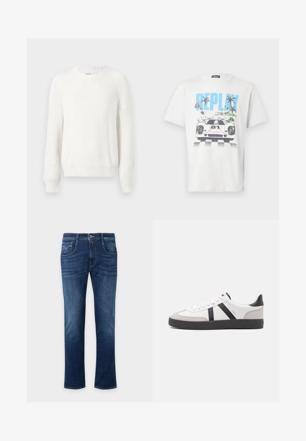 Hvid ribbet sweater med rund halsudskæring, sænkede skuldre og lange ærmer. Har struktureret stof og en lige kant.; Hvid bomulds-T-shirt med et farverigt motiv af en racerbils, palmer og ternede flag, med "REPLAY" tydeligt vist.; Mørkeblå straight-leg jeans med forreste knap, lynlås og design med fem lommer.; Hvide sneakers med sorte og grå detaljer, med en tekstureret grå tåhætte, sort gummisål og flade hvide snørebånd. Rent design, minimalistisk stil.