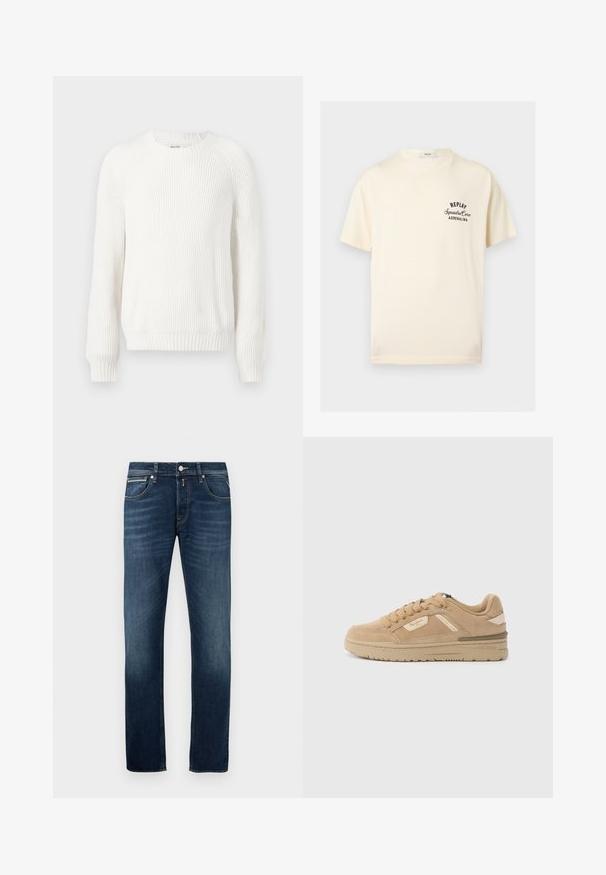 Hvid ribbet sweater med rund halsudskæring, sænkede skuldre og lange ærmer. Har struktureret stof og en lige kant.; Kremfarvet T-shirt med korte ærmer med sort tekst "REPLAY Squadra Corse ADRENALINA" på venstre bryst og rund halsudskæring.; Mørkeblå straight-leg jeans med let falming på lårerne, fem lommer og en metalknaplukning i taljen.; Tanfarvede ruskindssneakers med rund tå, snørelukning foran og polstret krave. Har en tekstureret mellemsål og diskrete brandingdetaljer på siden.