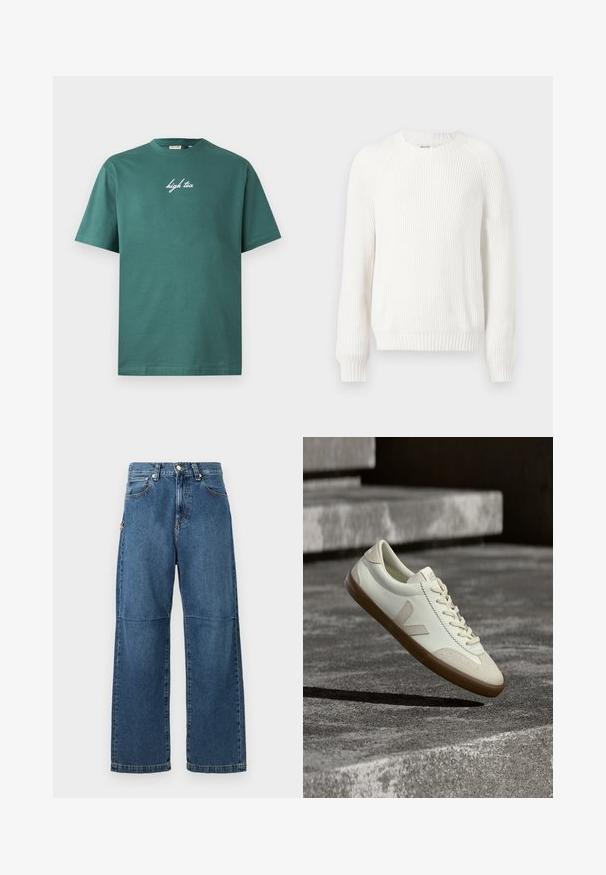 Hvid ribbet sweater med rund halsudskæring, sænkede skuldre og lange ærmer. Har struktureret stof og en lige kant.; Grøn bomuld T-shirt med rund hals og korte ærmer. Har hvid, kursiv tekst "high tea" på forsiden. Enkel design, ingen mønstre.; Blå denim jeans med afslappet pasform, lige ben, synlige sømme og lukkes med en knap foran. Har en sidelomme med accent.; Hvide læder sneakers med tanfarvet gummisål, flade snørebånd og V-formet detalje på siden. Har en glat overflade og minimale syninger.