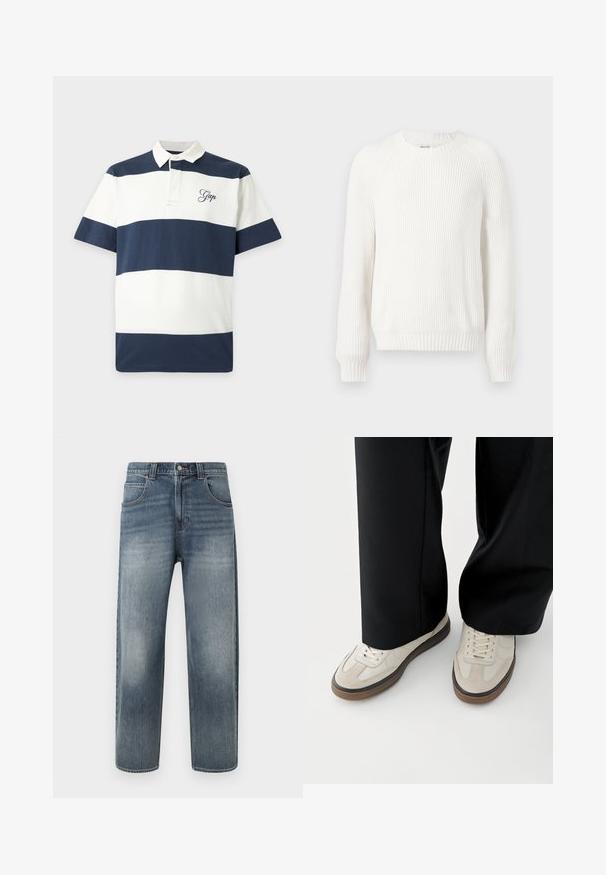 Pull en maille blanche avec un col rond, des épaules tombantes et des manches longues. Caractérisé par un tissu texturé et un ourlet droit.; Polo manches courtes avec larges rayures horizontales bleu marine et blanches et logo "Gap" brodé sur la poitrine gauche.; Jean en denim bleu clair à coupe droite, doté de cinq poches, d'une braguette zippée et d'un léger effet délavé sur les jambes. Fini avec des accents de couture.; Pieds portant des baskets beige avec des semelles marron et un pantalon noir à jambes larges sur fond blanc.