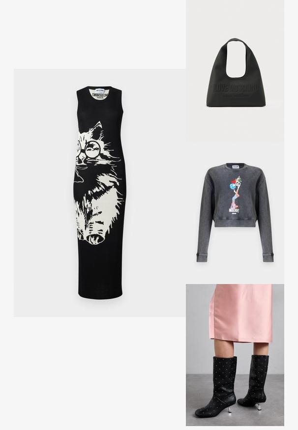 Tumehall Moschino lühike pusa naise graafikaga, kes tasakaalustab maailma, südant, rahusümbolit ja lilli, allservas Moschino Jeans tekst.; Mustad varrukateta pikk kleit, mille esiküljel on suur valge kassi kujutis ümmarguste prillidega, kaeluse sees Moschino kaubamärgiga etikett.; Mustad põlve kõrgused saapad, mis on valmistatud siledast materjalist, koos diskreetse narmastega mustriga ja hõbedase tooni kontsaga. Ühendatud roosa satiinkleitiga.; Mustast siledast materjalist käekott, millel on ümar lõigatud käepide, pressitud "LOVE MOSCHINO" logo ja fraas "Made with love."