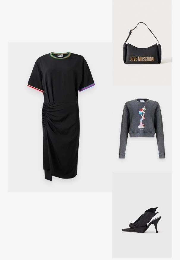 Tmavosivá skrátená mikina Moschino s grafikou ženy balansujúcej guľu, srdce, symbol mieru a kvety, s textom Moschino Jeans pod obrázkom.; Čierne midi šaty s krátkym rukávom a riasením na ľavej strane, zelený a oranžový lem výstrihu, červený a biely lem na pravom rukáve, modrý a ružový lem na ľavom rukáve.; Čierne lodičky na vysokom podpätku so šnúrkou vzadu a špicatou špičkou, s textilným vrchným dielom a mašličkou na prednej časti.; Čierna kabelka Moschino so zlatým nápisom a krátkym ramenným remienkom na bielom pozadí.