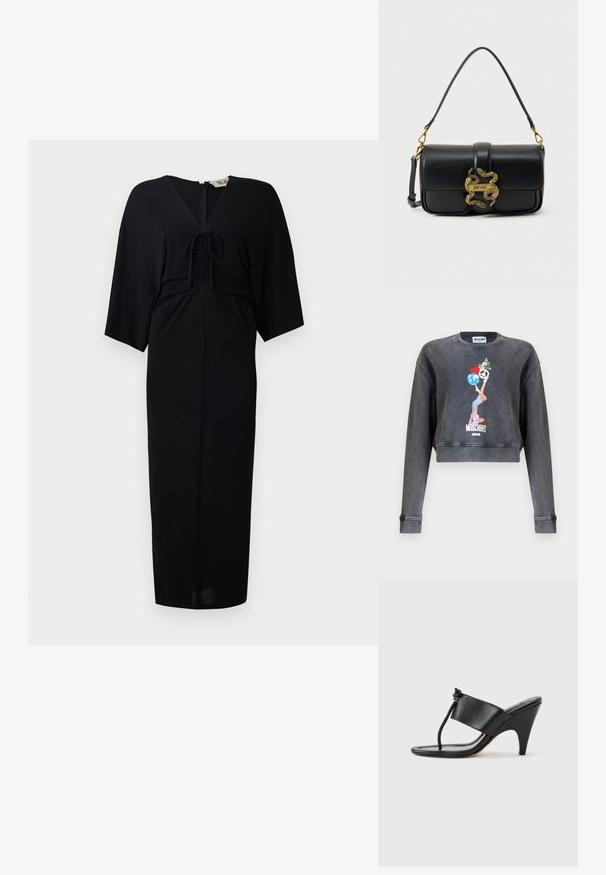 Tummanharmaa Moschinon lyhyt collegepaita, jossa grafiikka naisesta tasapainottelemassa maapalloa, sydäntä, rauhan symbolia ja kukkia, alla Moschino Jeans -teksti.; Mustapukuinen midi-mekko, jossa on lyhyet kimono-hihat, etupuolella narutusalus, vetoketjukiinnitys ja istuva siluetti. Silkkinen kangas, minimalistinen muotoilu.; Musta korkokengän sandaali leveällä etuosan remmillä ja varpaan lenkillä, jossa on solmittu narudetaili, esitetty sivuprofiilista valkoisella taustalla.; Musta nahkainen olkalaukku, jossa on kullanvärinen kaksinkertainen käärme-solki ja "Just Cavalli" -logo etutapissa.