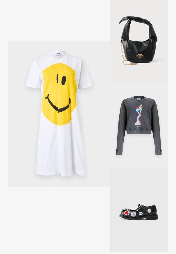 Sweatshirt Moschino court gris foncé avec un graphique représentant une femme équilibrant un globe, un cœur, un symbole de paix et des fleurs, avec le texte Moschino Jeans en dessous.; Robe blanche à manches courtes avec un grand motif visage souriant jaune centré sur le devant, col rond et étiquette Moschino à l'intérieur du col.; Chaussure Mary Jane en cuir noir avec une sangle et une boucle, ornée de divers autocollants ronds aux accents rouges, bleus et blancs. Design à semelle plate.; Sac à main Love Moschino en cuir noir souple avec poignée nouée et bandoulière chaîne dorée sur fond blanc.