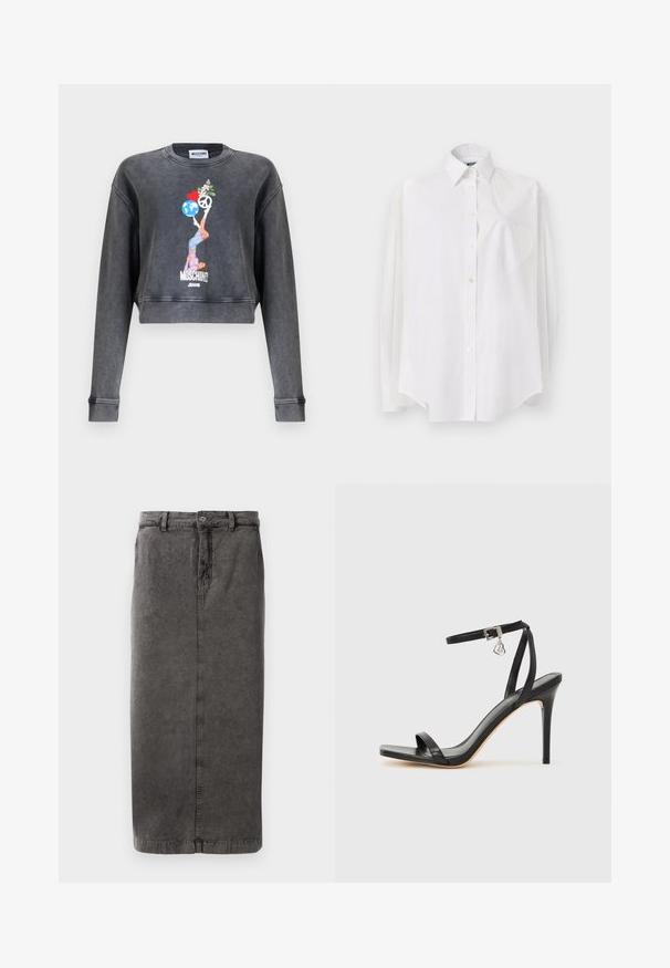 Dunkelgrauer Moschino kurz geschnittener Pullover mit Grafik einer Frau, die einen Globus, ein Herz, ein Friedenssymbol und Blumen balanciert, darunter der Schriftzug Moschino Jeans.; Weißes Langarmhemd aus leichtem Stoff mit klassischem Kragen, Knopfverschluss und einer herzförmigen Tasche auf der linken Seite.; Grauer, aus Baumwollmischung gefertigter Rock mit gerader Silhouette, Knopf- und Reißverschlussöffnung, Gürtelschlaufen und einer einzelnen Gesäßtasche.; Schwarze High-Heel-Sandale mit schmalem Knöchelriemen, quadratischer Zehenbox, glattem Leder und metallischem Schnallenakzent.