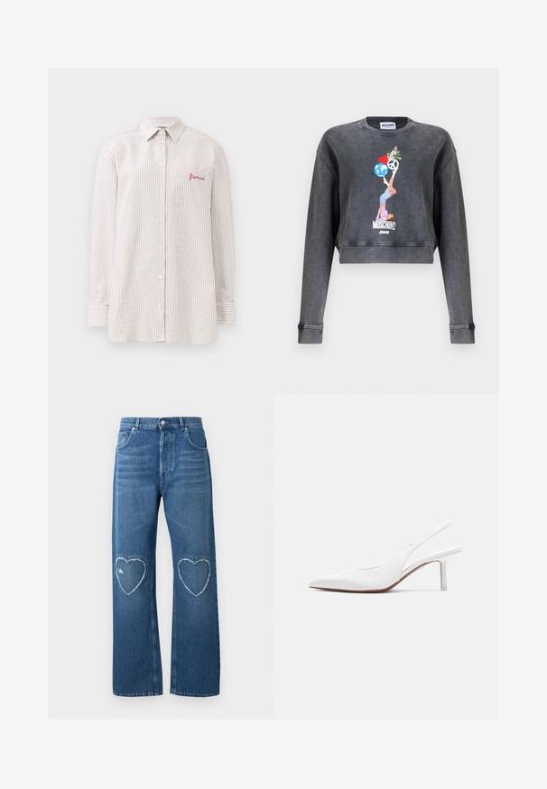 Tmavosivá skrátená mikina Moschino s grafikou ženy balansujúcej guľu, srdce, symbol mieru a kvety, s textom Moschino Jeans pod obrázkom.; Hnedo-béžová košeľa s dlhým rukávom a vertikálnym prúžkom, s gombíkmi a náprsným vreckom vyšitou červenou logom "fiorucci".; Modré široké rifle z denimu s vysokým pásom a rozstrapkanými záplatami v tvare srdca na oboch kolenách, predné zapínanie na gombíky a vrecká.; Biela dámska obuv na opätku typu slingback z kože s špicatou špičkou, nízkym opätkom a malou ozdobnou mašľou na vrchu, zobrazená z bočného profilu.