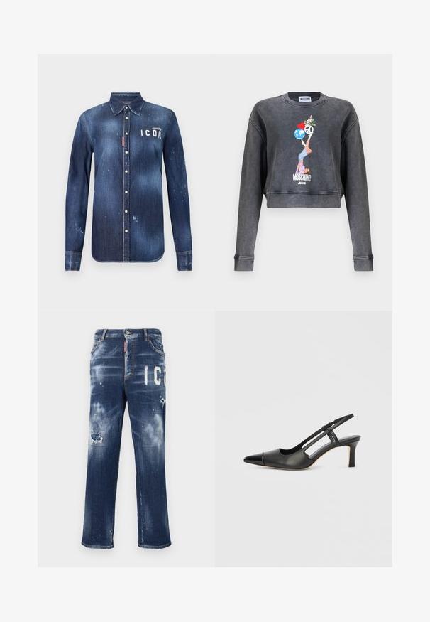 Tummanharmaa Moschinon lyhyt collegepaita, jossa grafiikka naisesta tasapainottelemassa maapalloa, sydäntä, rauhan symbolia ja kukkia, alla Moschino Jeans -teksti.; Tummansininen farkkutakki, jossa on napitettava muotoilu, säilytetyt risat, kuluneet yksityiskohdat ja valkoinen "ICON" -teksti rinnassa.; Tummansiniset farkut, joissa on kulutettuja kohtia, vaaleita maalaustippoja ja rohkeaa valkoista tekstiä. Suora lahjemuotoilu klassisella istuvuudella.; Mustasta nahasta valmistettu slingback-kengä, jossa on terävä kärki, kiiltävä koriste kärkiosassa ja keskipitkä korko. Sivulta avoin malli.