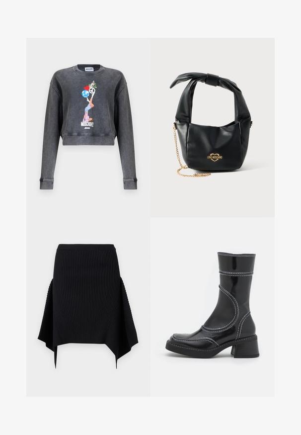Tumehall Moschino lühike pusa naise graafikaga, kes tasakaalustab maailma, südant, rahusümbolit ja lilli, allservas Moschino Jeans tekst.; Mustast soonikunstkangast seelik asümmeetrilise lapikäärega ja hästi istuva taljaga, valgel ühevärvilisel taustal.; Must must pikkade säärega, musta lakknahast jalats, valgete õmblustega, ümarate varvaste ja plokk-kandadega. Omab kõveraid disainijoontesid ja siledat pindmääret.; Mustast pehmest nahast Love Moschino käekott sõlmitud sangaga ja kuldse kettidega rihmaga valgel taustal.