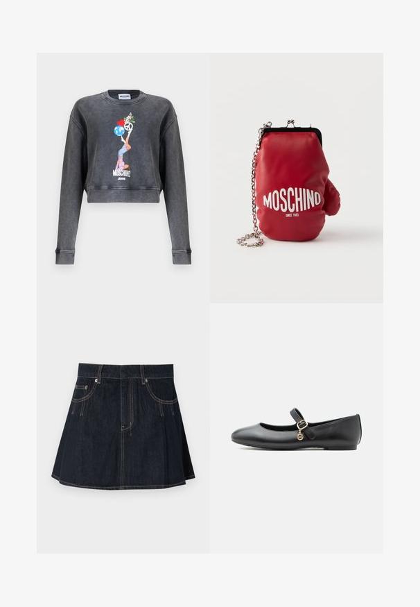 Tmavosivá skrátená mikina Moschino s grafikou ženy balansujúcej guľu, srdce, symbol mieru a kvety, s textom Moschino Jeans pod obrázkom.; Džínová sukňa v tmavomodrej farbe, s rozšíreným strihom, pútkami na opasok, prednými vreckami a kontrastným prešívaním pozdĺž švov.; Čierna kožená balerína Mary Jane s nízkym podpätkom, malou zlatou prackou a kruhovým príveskom na bielom pozadí.; Červená kožená kabelka v tvare boxerskej rukavice s nápisom „Moschino Since 1983“ v bielej farbe a strieborným retiazkovým popruhom na bielom pozadí.