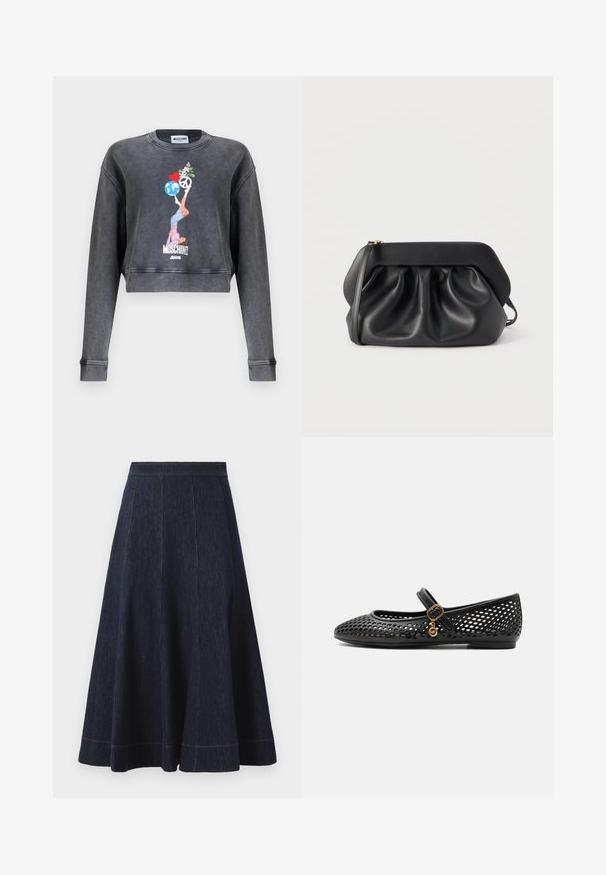 Mørkegrå Moschino cropped sweatshirt med grafik af kvinde, der balancerer en globus, hjerte, fredssymbol og blomster, med teksten Moschino Jeans nedenunder.; Mørkeblå denimnederdel med en flagrende silhuet, der har vertikale syninger og kontrasterende orange syninger langs kanten.; Sort flad Mary Jane sko med perforeret design, justerbar rem med lille guldlås og guldsmykke hængende fra remmen.; Sort læderclutch med struktureret ramme, rynkedetaljer og en slank håndledsrem på hvid baggrund.