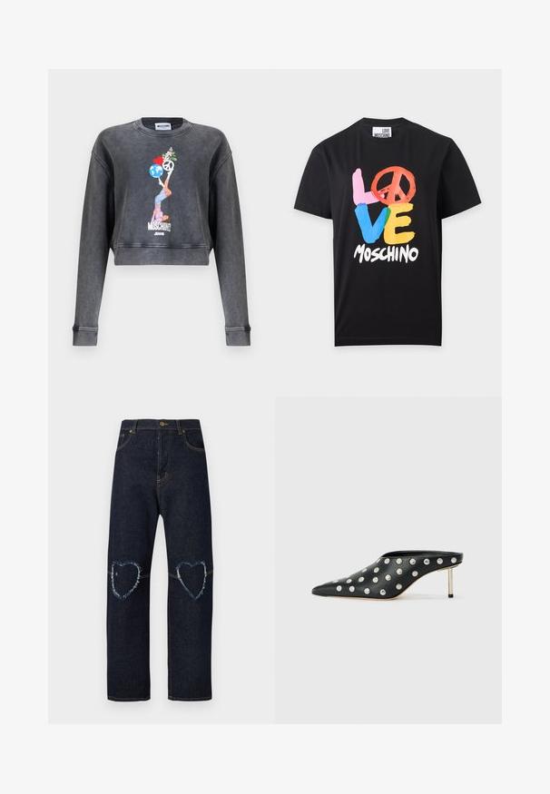 Sweatshirt Moschino court gris foncé avec un graphique représentant une femme équilibrant un globe, un cœur, un symbole de paix et des fleurs, avec le texte Moschino Jeans en dessous.; T-shirt noir à manches courtes avec le texte coloré "LOVE", symbole de paix en forme de O, et "Moschino" blanc en dessous à l'avant.; Jean en denim bleu foncé avec jambes droites et patchs en forme de cœur usés sur les deux genoux.; STAND STUDIO KELSEY - Mules à talons - black
