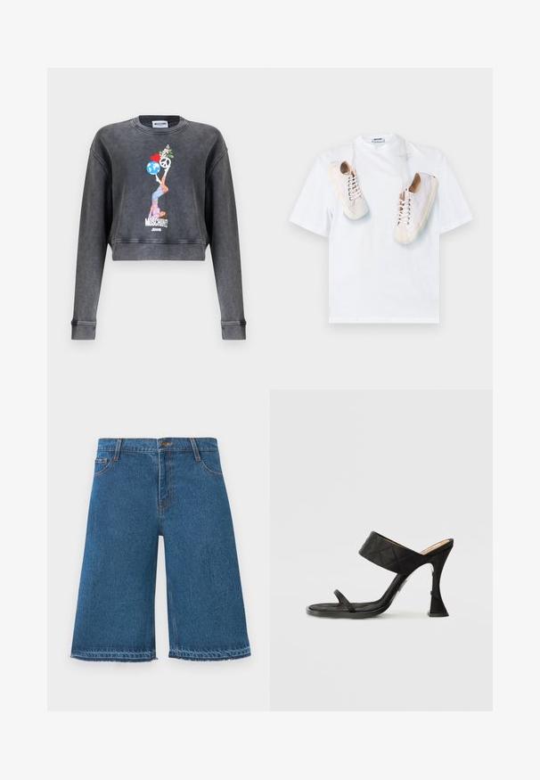 Mørkegrå Moschino cropped sweatshirt med grafik af kvinde, der balancerer en globus, hjerte, fredssymbol og blomster, med teksten Moschino Jeans nedenunder.; Hvid bomulds-T-shirt med grafisk tryk af beige sneakers med snørebånd. Rund hals og korte ærmer, enkelt og rent design.; Blå denim shorts til knæene med frynset kant, frontknap og lommer på en ensfarvet hvid baggrund.; Sorte højhælede sandaler med en quiltet overdelstrap og en tynd ankelrem. Har en unik skulpturel hælform. Glat tekstur.