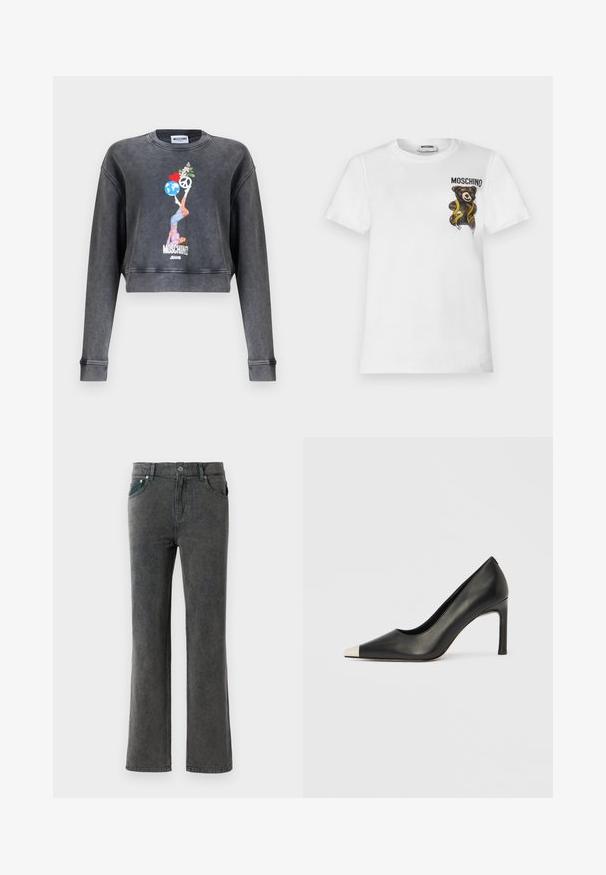 Donkergrijze Moschino cropped sweatshirt met afbeelding van een vrouw die een wereldbol, hart, vredessymbool en bloemen in balans houdt, met daaronder de tekst Moschino Jeans.; Witte T-shirt met korte mouwen met een klein bruin teddybeertje gewikkeld in een gele meetlint en de tekst "MOSCHINO" op de bovenste linkerborst.; Grijze denim flare jeans met een vervaagde wassing, vijf zakken, riemlussen en een enkele knoopsluiting. Zachte textuur en recht model.; Zwarte leren hoge hak met een spits toelopende neus en een metalen zilverkleurige kap. Heeft een gladde afwerking en een slanke hak van 10 cm.