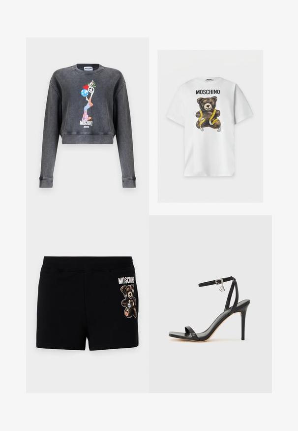 Donkergrijze Moschino cropped sweatshirt met afbeelding van een vrouw die een wereldbol, hart, vredessymbool en bloemen in balans houdt, met daaronder de tekst Moschino Jeans.; Wit T-shirt met korte mouwen met de tekst "MOSCHINO" en een bruine teddybeer gewikkeld in een geel meetlint aan de voorkant.; Zwarte katoenen shorts met een afbeelding van een beer met kleurrijke patches. De tailleband is elastisch voor comfort en een casual pasvorm.; Zwarte sandaal met hoge hak, smalle enkelband, vierkante neus, soepel leermateriaal en metalen gespsluiting.