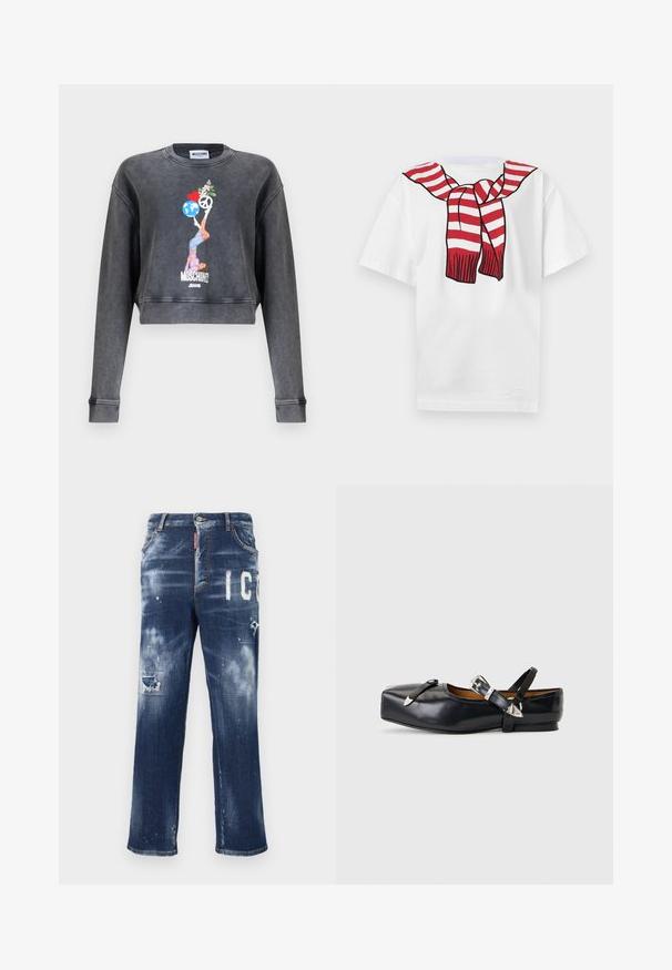 Mørkegrå Moschino cropped sweatshirt med grafik af kvinde, der balancerer en globus, hjerte, fredssymbol og blomster, med teksten Moschino Jeans nedenunder.; Hvid T-shirt med korte ærmer og et trykt rødt og hvidt stribet tørklæde bundet omkring halsen på forsiden.; Mørkeblå denimjeans med slidte lapper, lyse malingspletter og fed hvid tekst. Straight leg design med en klassisk pasform.; Sort læderflat sko med firkantet tå, to sølvspænderemme og en lav hæl på en lysegrå baggrund.