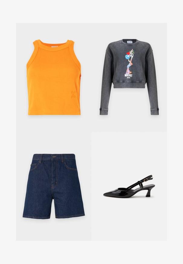 Sweatshirt Moschino court gris foncé avec un graphique représentant une femme équilibrant un globe, un cœur, un symbole de paix et des fleurs, avec le texte Moschino Jeans en dessous.; Débardeur orange à côtes avec un col haut et une conception sans manches. Présente des détails subtils de logo sur l'ourlet. Matière douce et extensible.; Shorts en denim bleu foncé avec un design classique à cinq poches, surpiqûres orange visibles et fermeture à bouton au niveau de la taille.; Chaussure slingback en cuir verni noir à petit talon, bout pointu et bride réglable avec boucle dorée sur fond blanc.