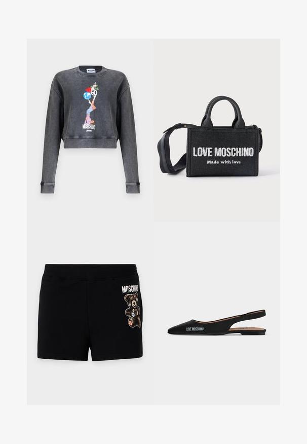 Tmavosivá skrátená mikina Moschino s grafikou ženy balansujúcej guľu, srdce, symbol mieru a kvety, s textom Moschino Jeans pod obrázkom.; Čierne bavlnené šortky so grafikou medveďa s farebnými záplatami. Pás je elastický pre pohodlie a neformálne nosenie.; Čierna špicatá slingback balerína s nízkym podpätkom a logom "LOVE MOSCHINO" na boku na jednoduchom svetlom pozadí.; Čierna obdĺžniková kabelka s krátkymi rúčkami a nastaviteľným ramenným popruhom, s bielym textom "LOVE MOSCHINO Made with love" na prednej strane.