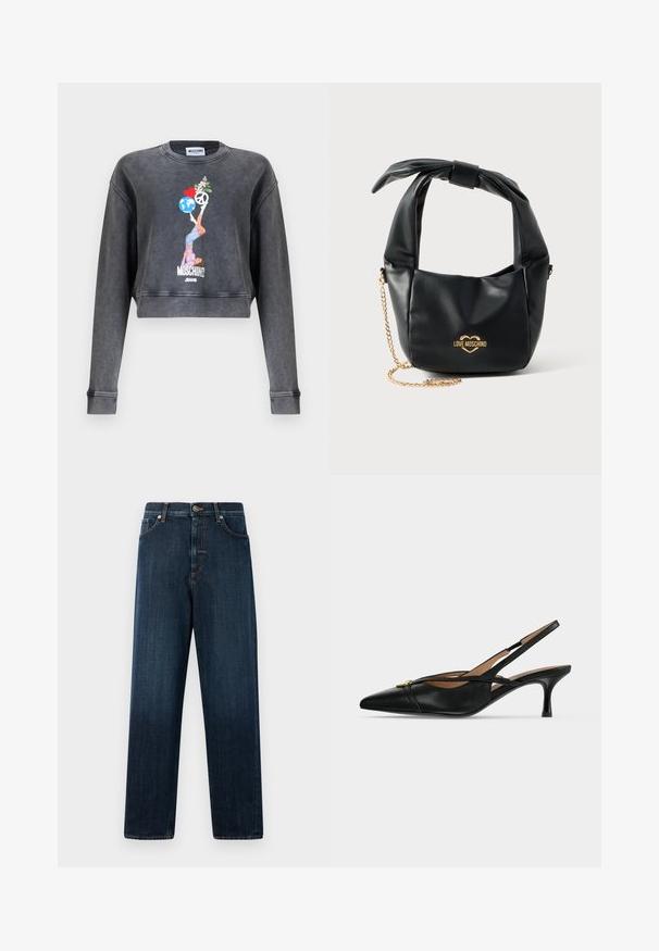 Sudadera corta gris oscuro de Moschino con gráfico de mujer equilibrando un globo terráqueo, un corazón, un símbolo de paz y flores, con el texto Moschino Jeans debajo.; Vaqueros rectos de mezclilla de color azul oscuro, con un diseño clásico de cinco bolsillos, detalles de costura y un cierre de botón en la cintura.; Zapato slingback de cuero negro con punta puntiaguda, tacón bajo tipo kitten y detalle de hebilla dorada en el frente.; Bolso Love Moschino de piel negra suave con asa anudada y correa de cadena dorada sobre fondo blanco.